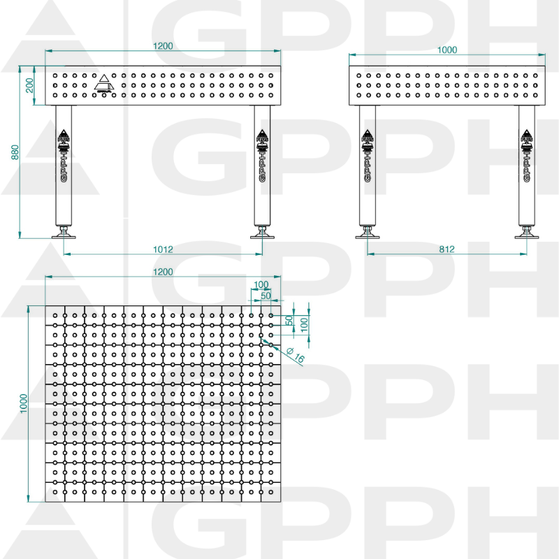 Hegesztőasztal PLUS INOX Méret - 1200x1000 mm, Háló - 50x50 mm, Rendszer - Φ16, Lábak - Lábakon - műszaki rajz