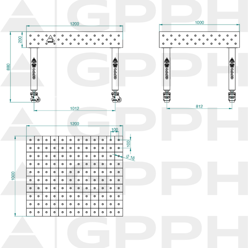 Hegesztőasztal PLUS INOX Méret - 1200x1000 mm, Háló - 100x100 mm, Rendszer - Φ16, Lábak - Kerekeken - műszaki rajz