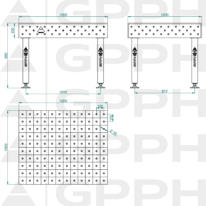 Hegesztőasztal PLUS INOX Méret - 1200x1000 mm, Háló - 100x100 mm, Rendszer - Φ16, Lábak - Lábakon - műszaki rajz