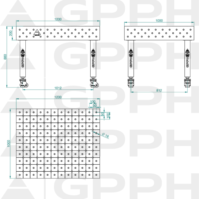 Hegesztőasztal PLUS INOX Méret - 1200x1000 mm, Háló - DIAGONÁLIS, Rendszer - Φ16, Lábak - Kerekeken - műszaki rajz