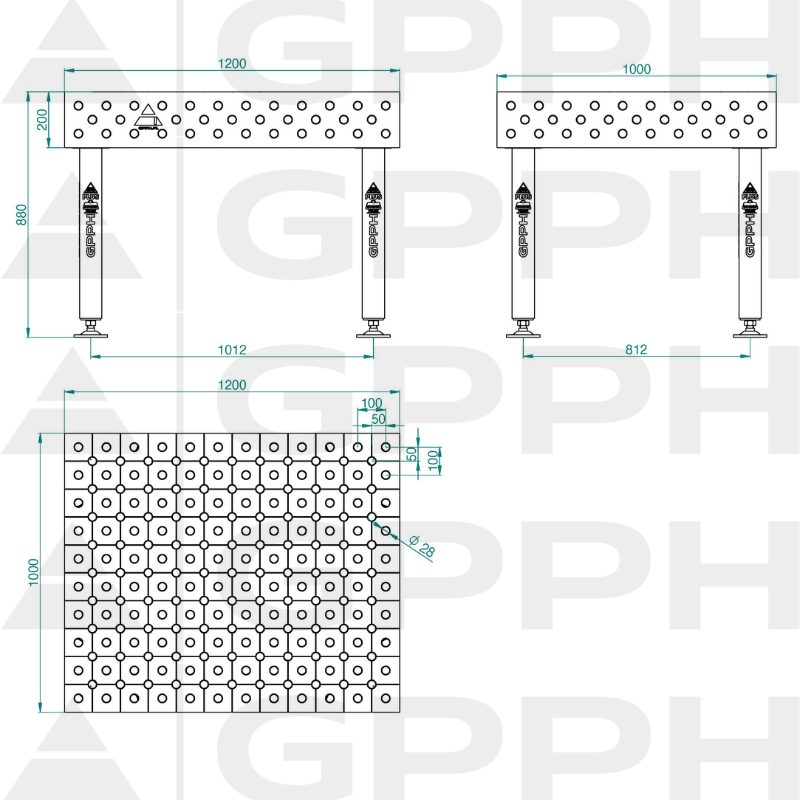 Hegesztőasztal PLUS INOX Méret - 1200x1000 mm, Háló - DIAGONÁLIS, Rendszer - Φ28, Lábak - Lábakon - műszaki rajz