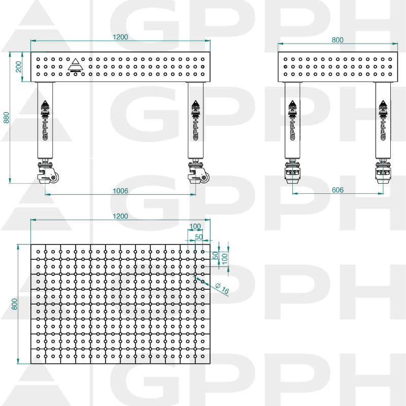 Schweißtisch PLUS INOX Größe – 1200 x 800 mm, Gitter – 50 x 50 mm, System – Φ16, Beine – auf Rollen – technische Zeichnung