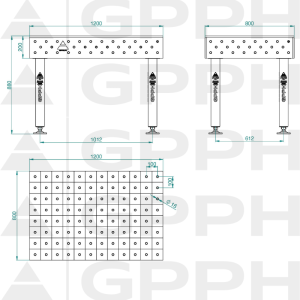 Stół Spawalniczy PLUS INOX Rozmiar - 1200x800mm, Siatka - 100x100mm, System - Φ16, Nogi - Na stopach - rysunek techniczny