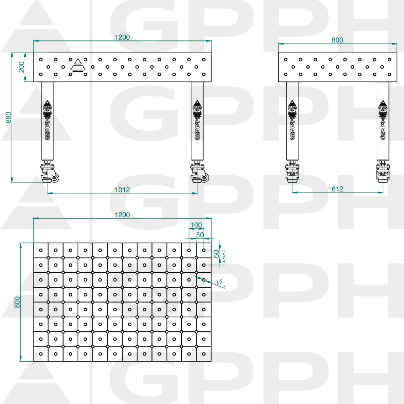 Schweißtisch PLUS INOX Größe – 1200 x 800 mm, Gitter – DIAGONAL, System – Φ16, Beine – Auf Rollen – technische Zeichnung