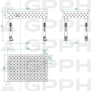 Stół Spawalniczy PLUS INOX Rozmiar - 1200x800mm, Siatka - DIAGONALNA, System - Φ28, Nogi - Na kołach - rysunek techniczny
