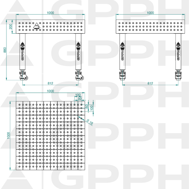 Schweißtisch PLUS INOX Größe – 1000 x 1000 mm, Gitter – 50 x 50 mm, System – Φ16, Beine – auf Rollen – technische Zeichnung