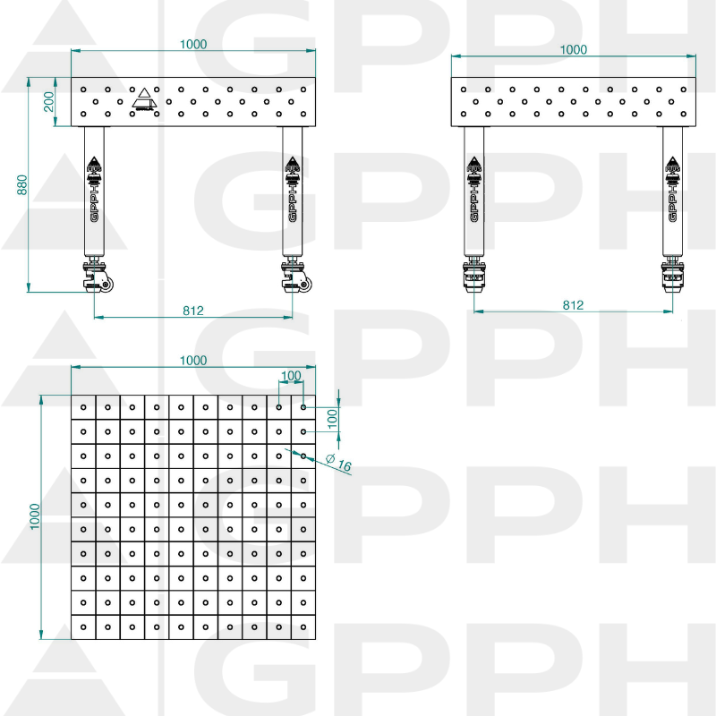 Schweißtisch PLUS INOX Größe – 1000 x 1000 mm, Gitter – 100 x 100 mm, System – Φ16, Beine – auf Rollen – technische Zeichnung
