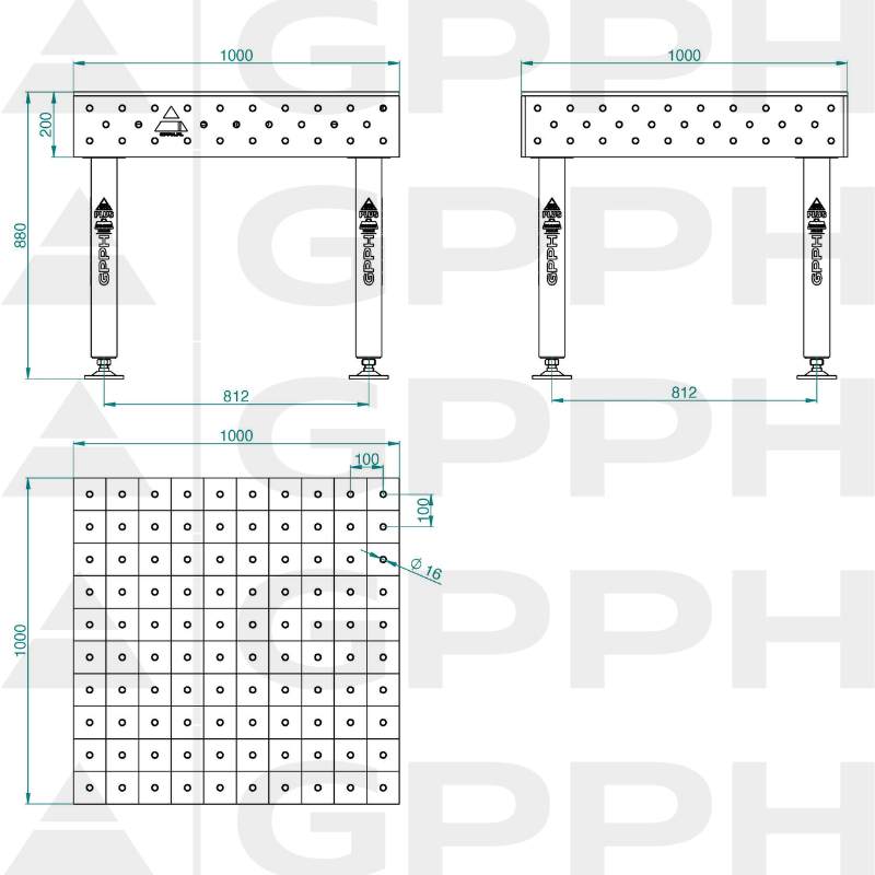 Schweißtisch PLUS INOX Größe - 1000x1000mm, Gitter - 100x100mm, System - Φ16, Beine - Auf Füßen - technische Zeichnung