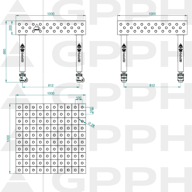 Schweißtisch PLUS INOX Größe - 1000x1000mm, Gitter - 100x100mm, System - Φ28, Beine - Auf Rollen - technische Zeichnung