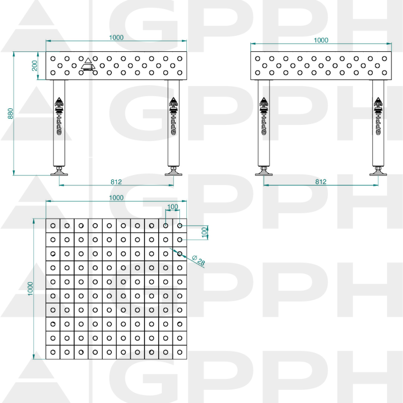 Schweißtisch PLUS INOX Größe - 1000x1000mm, Gitter - 100x100mm, System - Φ28, Beine - Auf Füßen - technische Zeichnung