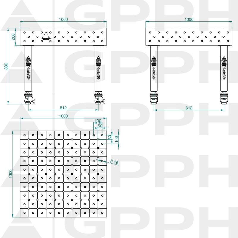 Schweißtisch PLUS INOX Größe – 1000 x 1000 mm, Gitter – DIAGONAL, System – Φ16, Beine – Auf Rollen – technische Zeichnung