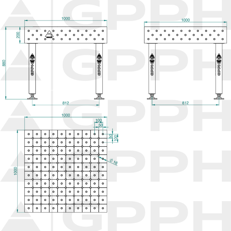 Schweißtisch PLUS INOX Größe – 1000 x 1000 mm, Gitter – DIAGONAL, System – Φ16, Beine – Auf Füßen – technische Zeichnung