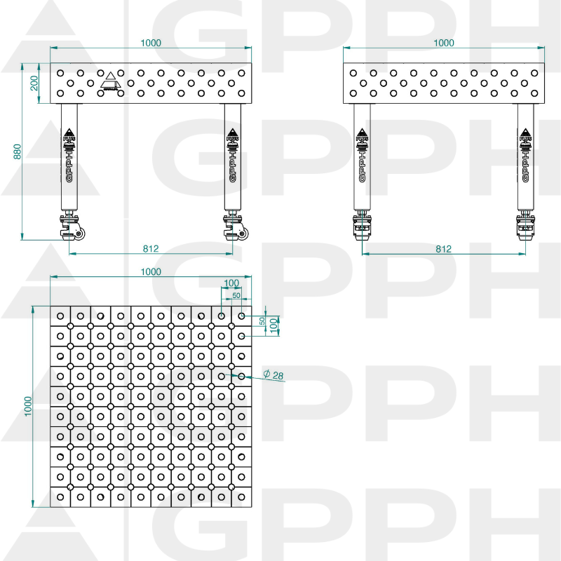 Schweißtisch PLUS INOX Größe – 1000 x 1000 mm, Gitter – DIAGONAL, System – Φ28, Beine – Auf Rollen – technische Zeichnung