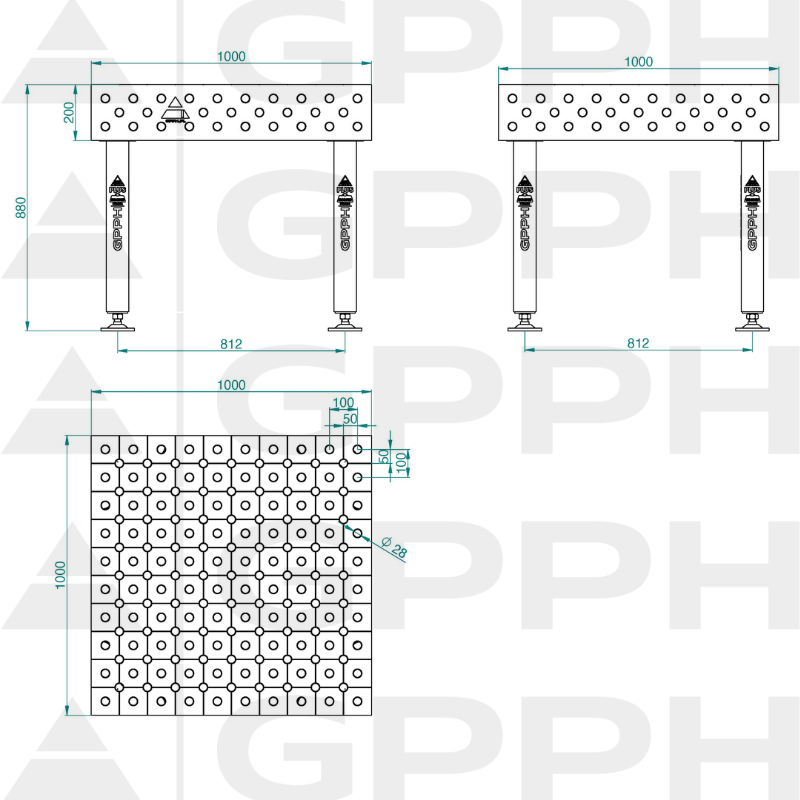 Schweißtisch PLUS INOX Größe – 1000 x 1000 mm, Gitter – DIAGONAL, System – Φ28, Beine – Auf Füßen – technische Zeichnung