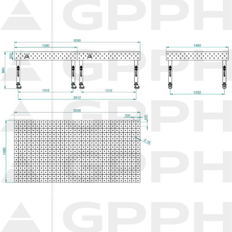 Schweißtisch PLUS INOX Größe - 3000x1480mm, Gitter - 100x100mm, System - Φ16, Beine - Auf Rollen - technische Zeichnung
