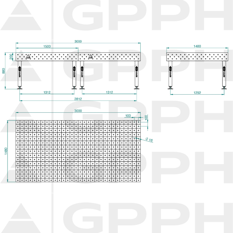 Schweißtisch PLUS INOX Größe - 3000x1480mm, Gitter - 100x100mm, System - Φ16, Beine - Auf Füßen - technische Zeichnung
