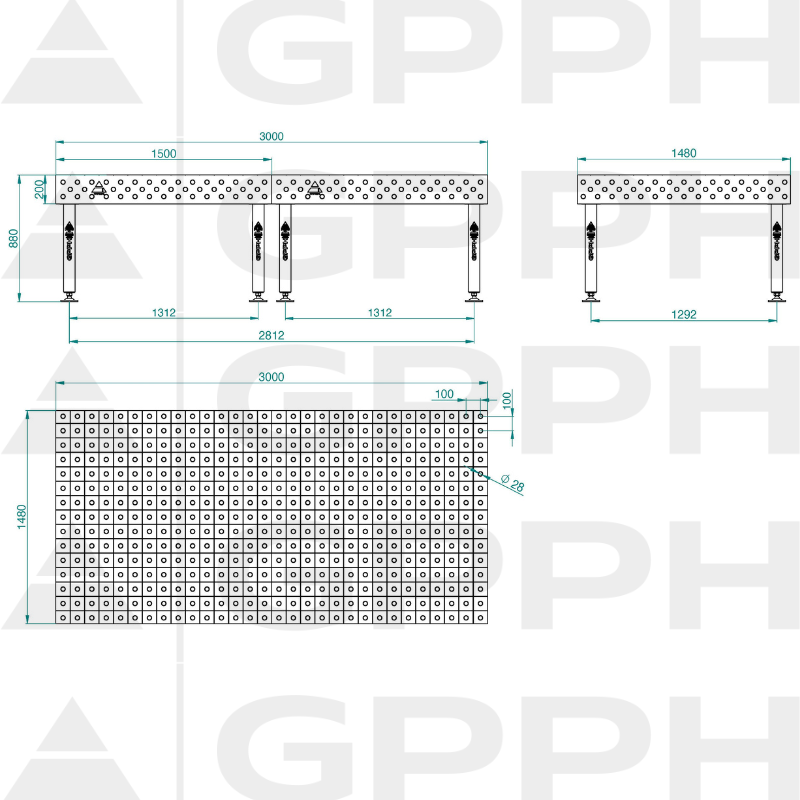 Schweißtisch PLUS INOX Größe – 3000 x 1480 mm, Gitter – 100 x 100 mm, System – Φ28, Beine – auf Füßen – technische Zeichnung