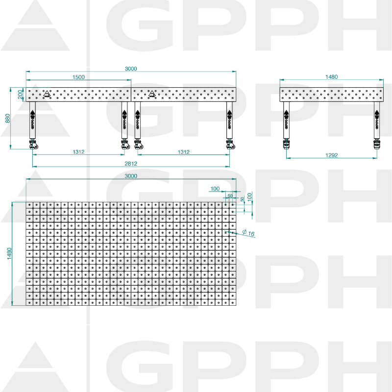 Schweißtisch PLUS INOX Größe - 3000x1480mm, Gitter - DIAGONAL, System - Φ16, Beine - Auf Rollen - technische Zeichnung