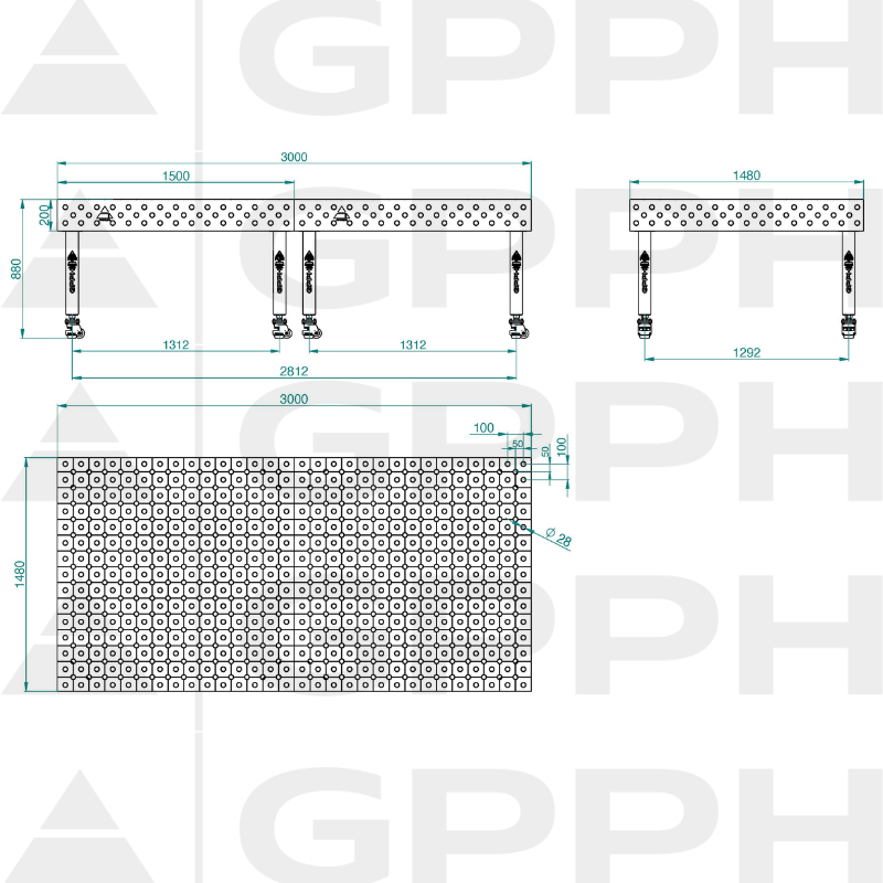 Schweißtisch PLUS INOX Größe - 3000x1480mm, Gitter - DIAGONAL, System - Φ28, Beine - Auf Rollen - technische Zeichnung