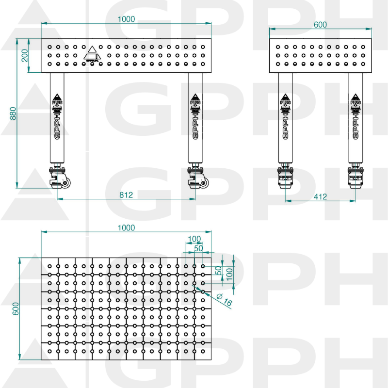 Mesa de soldadura PLUS INOX Tamaño: 1000 x 600 mm, rejilla: 50 x 50 mm, sistema: Φ16, patas: con ruedas, dibujo técnico.