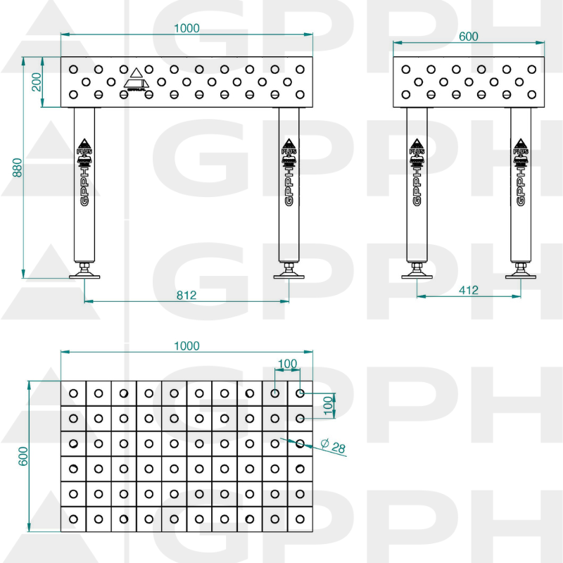 Mesa de soldadura PLUS INOX Tamaño: 1000 x 600 mm, rejilla: 100 x 100 mm, sistema: Φ28, patas: sobre pies, dibujo técnico.