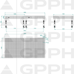 Stół Spawalniczy PLUS Rozmiar - 3000x1480mm, Siatka - 50x50mm, System - Φ16, Nogi - Na kołach - rysunek techniczny