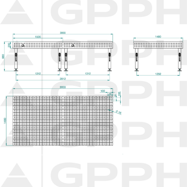 Stół Spawalniczy PLUS Rozmiar - 3000x1480mm, Siatka - 50x50mm, System - Φ16, Nogi - Na stopach - rysunek techniczny