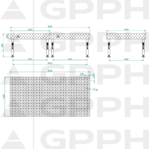 Stół Spawalniczy PLUS Rozmiar - 3000x1480mm, Siatka - 100x100mm, System - Φ16, Nogi - Na stopach - rysunek techniczny