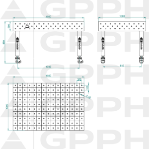 Stół Spawalniczy PLUS Rozmiar - 1500x1000mm, Siatka - 100x100mm, System - Φ16, Nogi - Na kołach - rysunek techniczny