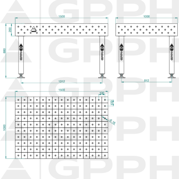 Stół Spawalniczy PLUS Rozmiar - 1500x1000mm, Siatka - 100x100mm, System - Φ16, Nogi - Na stopach - rysunek techniczny