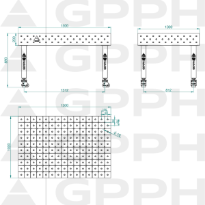 Stół Spawalniczy PLUS Rozmiar - 1500x1000mm, Siatka - DIAGONALNA, System - Φ16, Nogi - Na kołach - rysunek techniczny