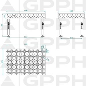 Stół Spawalniczy PLUS Rozmiar - 1500x1000mm, Siatka - DIAGONALNA, System - Φ28, Nogi - Na stopach - rysunek techniczny