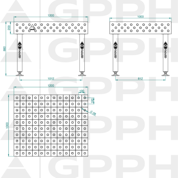 Stół Spawalniczy PLUS Rozmiar - 1200x1000mm, Siatka - 100x100mm, System - Φ28, Nogi - Na stopach - rysunek techniczny