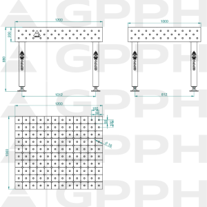 Stół Spawalniczy PLUS Rozmiar - 1200x1000mm, Siatka - DIAGONALNA, System - Φ16, Nogi - Na stopach - rysunek techniczny