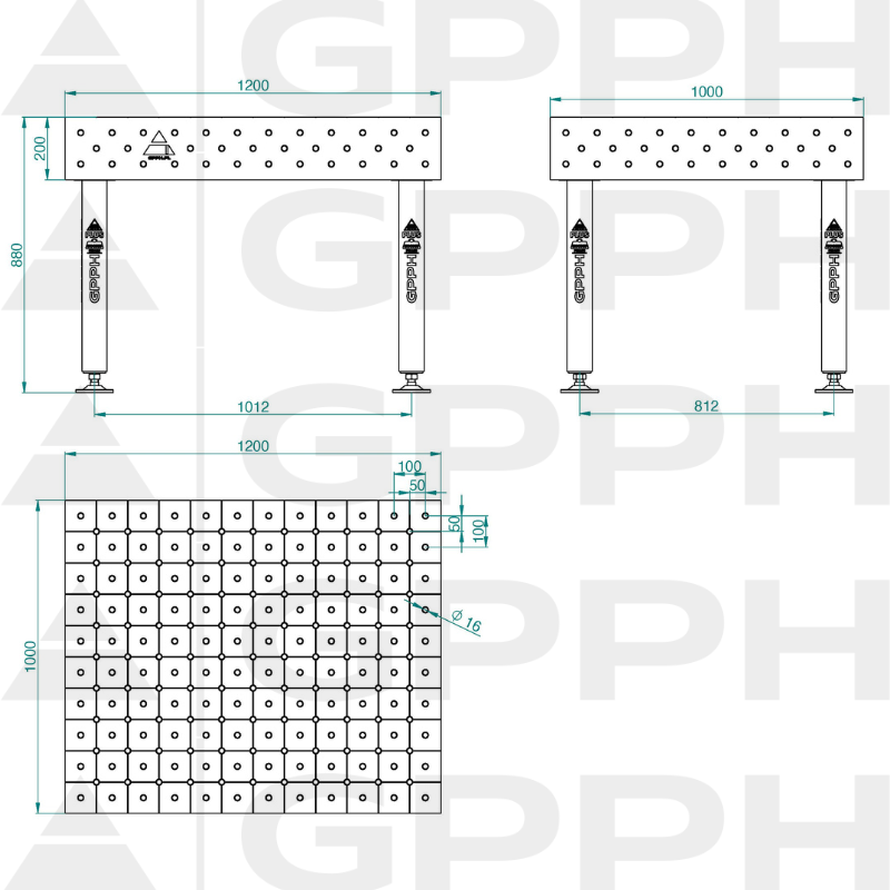 Table de soudage PLUS Taille - 1200x1000mm, Grille - DIAGONALE, Système - Φ16, Pieds - sur pieds - dessin technique