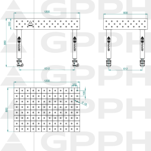 Welding table PLUS Size - 1200x800mm, Grid - 100x100mm, System - Φ16, Legs - On wheels - technical drawing