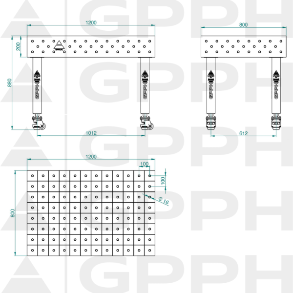 Welding table PLUS Size - 1200x800mm, Grid - 100x100mm, System - Φ16, Legs - On wheels - technical drawing