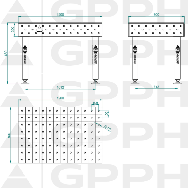 Welding table PLUS Size - 1200x800mm, Grid - 100x100mm, System - Φ16, Legs - On feet - technical drawing