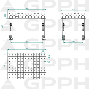 Welding table PLUS Size - 1200x800mm, Grid - 100x100mm, System - Φ28, Legs - On wheels - technical drawing