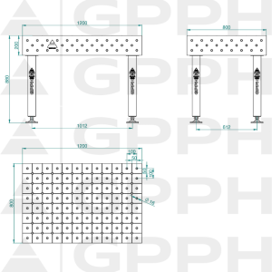 Welding table PLUS Size - 1200x800mm, Grid - DIAGONAL, System - Φ16, Legs - On feet - technical drawing