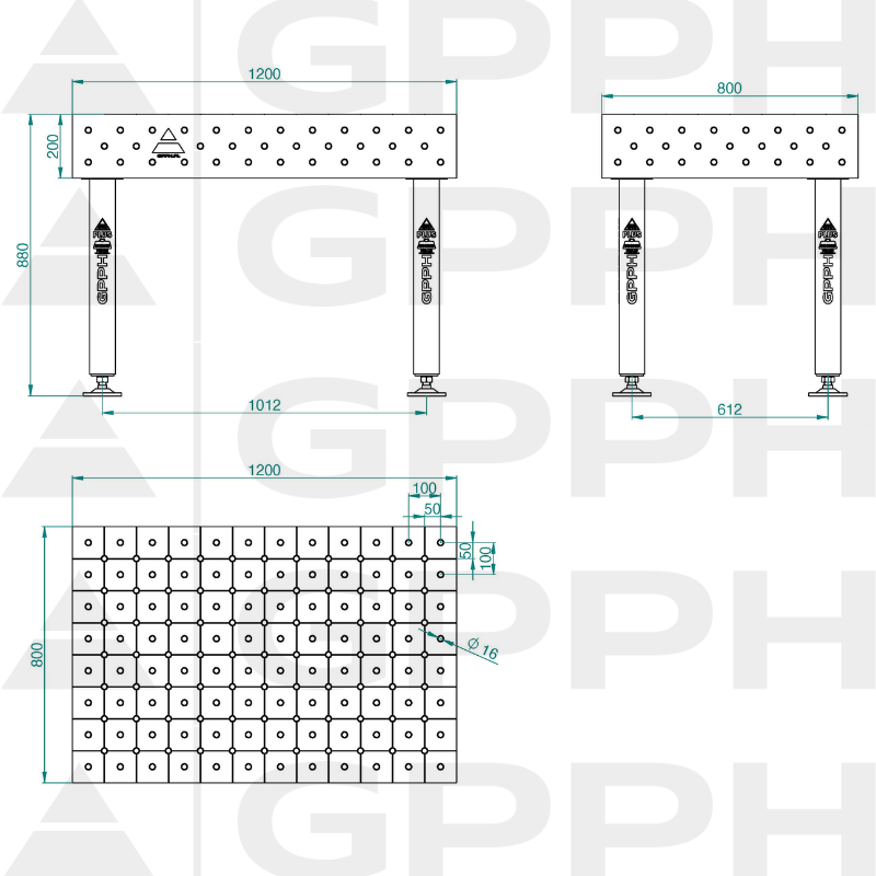 Schweißtisch PLUS Größe - 1200x800mm, Raster - DIAGONAL, System - Φ16, Beine - Auf Füßen - technische Zeichnung