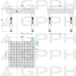 Welding table PLUS Size - 1000x1000mm, Grid - 50x50mm, System - Φ16, Legs - On feet - technical drawing