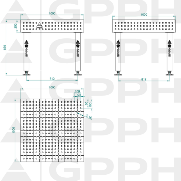 Welding table PLUS Size - 1000x1000mm, Grid - 50x50mm, System - Φ16, Legs - On feet - technical drawing