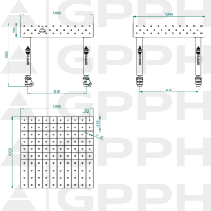 Welding table PLUS Size - 1000x1000mm, Grid - 100x100mm, System - Φ16, Legs - On wheels - technical drawing