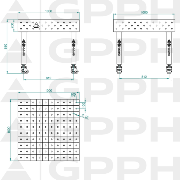 Welding table PLUS Size - 1000x1000mm, Grid - 100x100mm, System - Φ16, Legs - On wheels - technical drawing