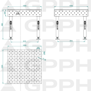 Welding table PLUS Size - 1000x1000mm, Grid - 100x100mm, System - Φ16, Legs - On feet - technical drawing