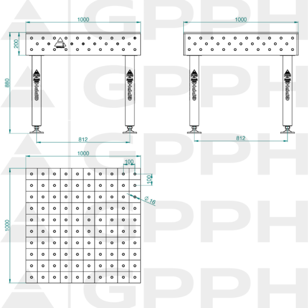 Welding table PLUS Size - 1000x1000mm, Grid - 100x100mm, System - Φ16, Legs - On feet - technical drawing