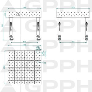 Welding table PLUS Size - 1000x1000mm, Grid - DIAGONAL, System - Φ16, Legs - On wheels - technical drawing