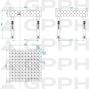 Welding table PLUS Size - 1000x1000mm, Grid - DIAGONAL, System - Φ16, Legs - On feet - technical drawing