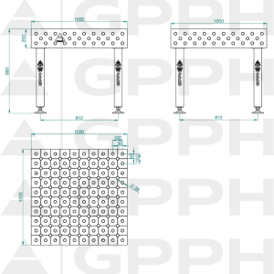 Welding table PLUS Size - 1000x1000mm, Grid - DIAGONAL, System - Φ28, Legs - On feet - technical drawing